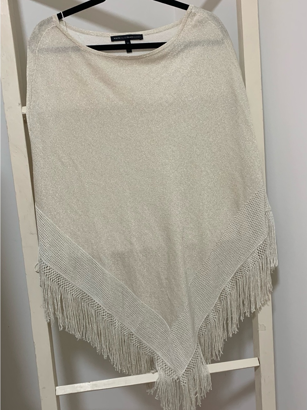 White House Black Market Metallic Shimmer Fringe Poncho Ecru Gold